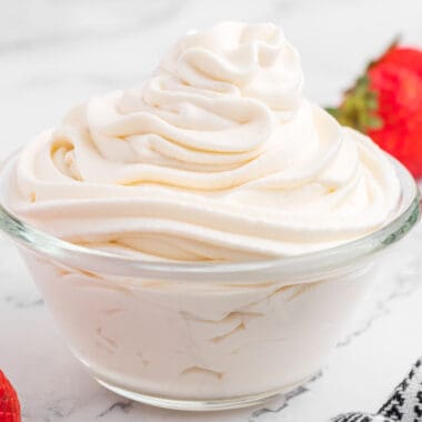 square image of homemade cool whip in a glass bowl