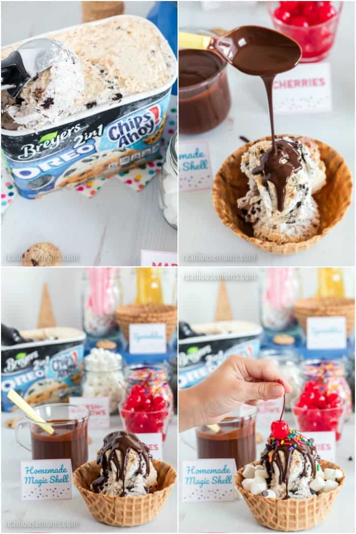 making the perfect sundae with Breyers 2-in1- ice cream and magic shell topping