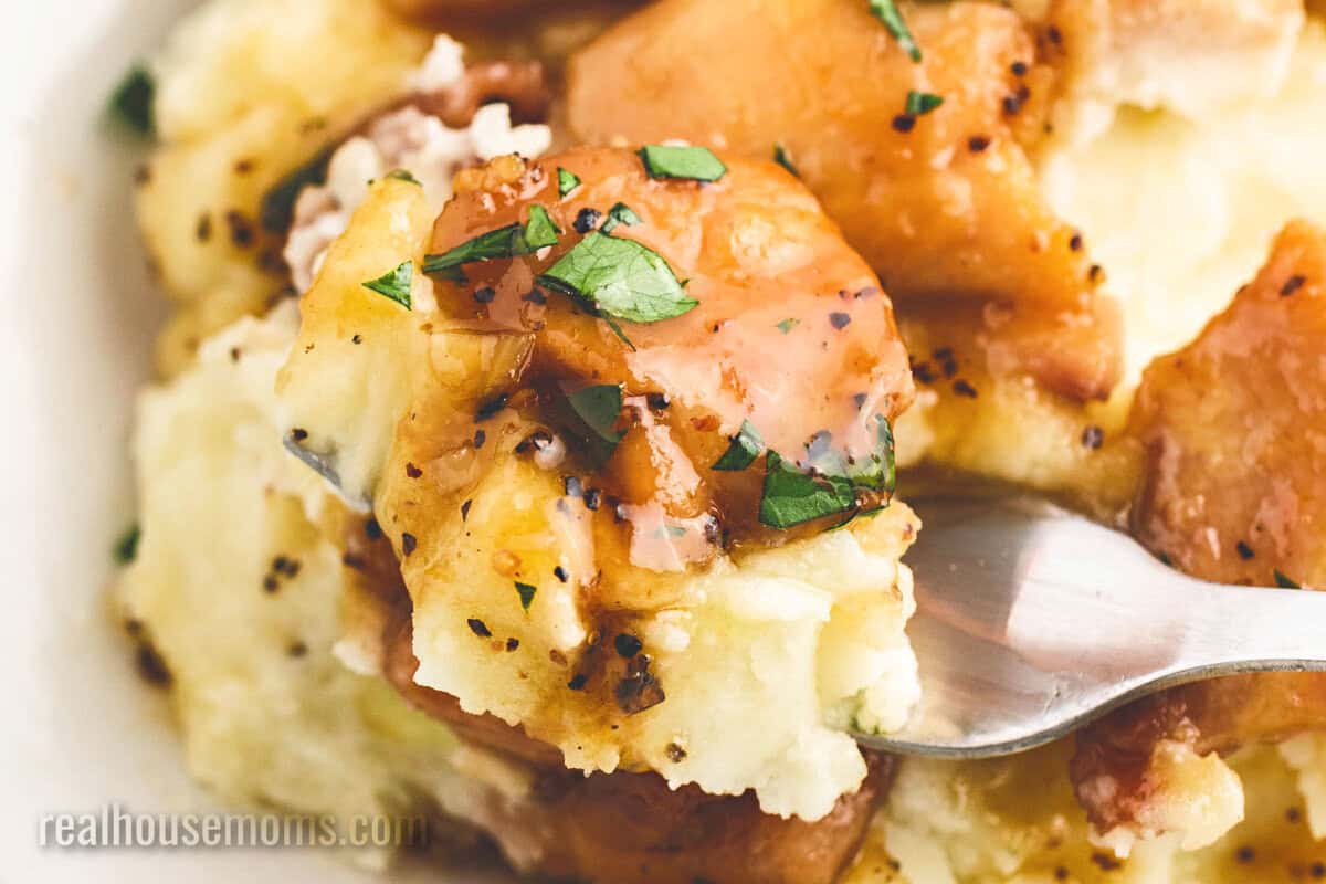 looking down at a forkful of mashed potatoes and v over the plate