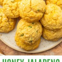 honey jalapeno cornbread drop biscuits on a plate with recipe name at the bottom