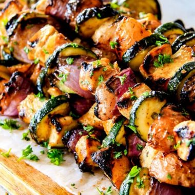 These easy Honey Mustard Chicken Kabobs are so juicy and exploding with flavor in every mouthwatering bite! Quite possibly the most delectable chicken kabobs you will ever eat and bonus they can be grilled or baked!