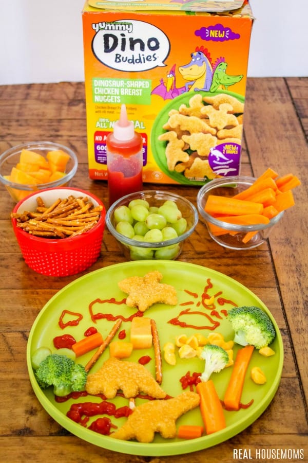 yummy dino buddies dino saur wold fixing and a finished dinner plate
