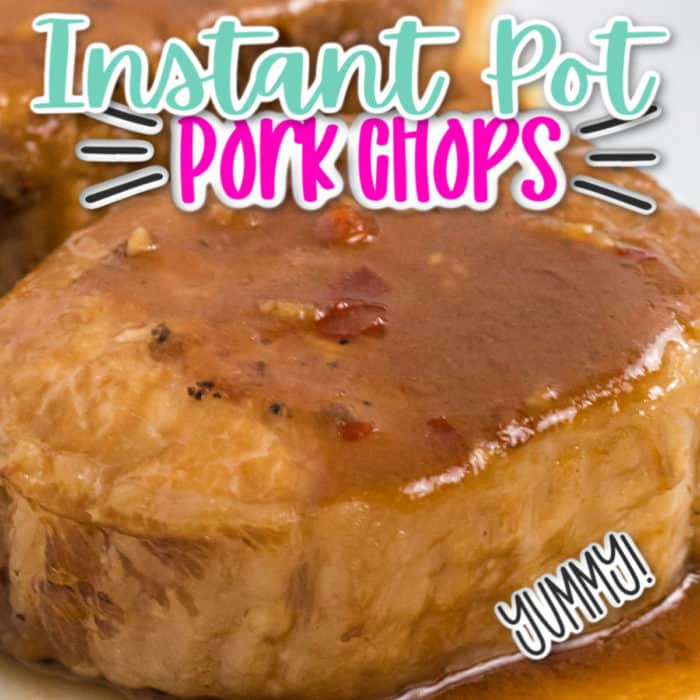 square image closeup of Instant pot pork chops 