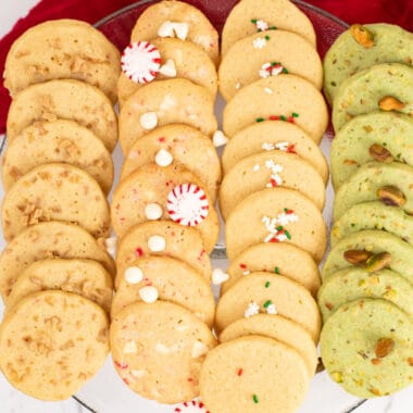 square image of 4 different icebox Christmas cookies on a plate
