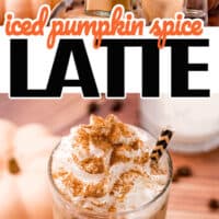 top pic is a glass of iced pumpkin spice latter with small pumpkins on the side , bottom pic is a close up of the iced pumpkin spice latte with cinnamon on top of the whip cream