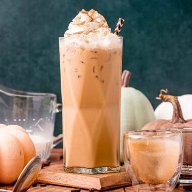 square image of a iced pumpkin spice latte with whipped cream