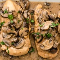 square image of instant pot chicken marsala on a serving platter