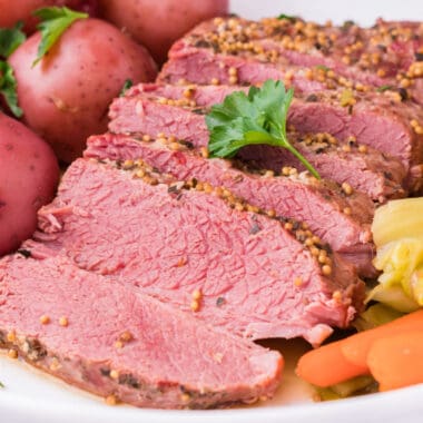 square image of instant pot corned beef with veggies