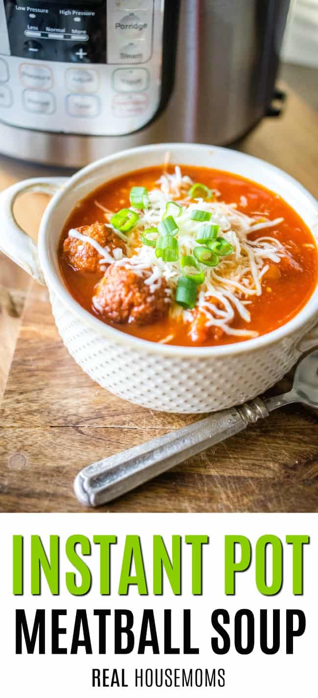 bowl of instant pot meatball soup topped with mozzarella and green onion