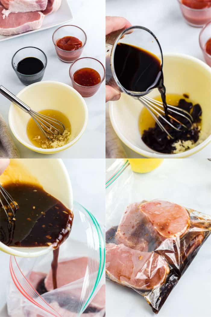 pork chop marinade ingredients in separate bowls, soy sauce being poured into a mixing bowl with oil, garlic and a whisk, pork chop marinade being poured into a zipper top plastic bag, pork chops in a ziptop bag with marinade