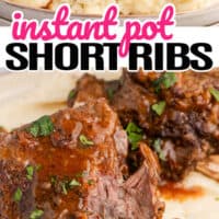 top picture of instant pot short ribs with gravy plated over mashed potatoes next to a glass of red wine, bottom picture a fork cutting through the short ribs. In the middle of the two pictures is the title of the post in pin and black lettering