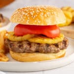 square image of an island teriyaki burger on a plate with fries