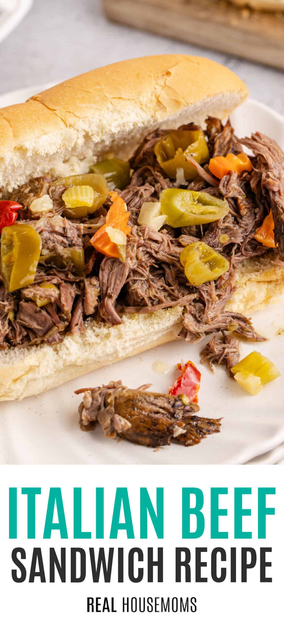 italian beef sandwich on a white plate with recipe name at the bottom