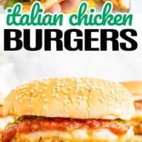 top image is Half and Italian chicken burger with a hand holding it, bottom image is of an italian chicken burger on a wooden board with fries. In the middle of the images is the title of the post in blue and black lettering