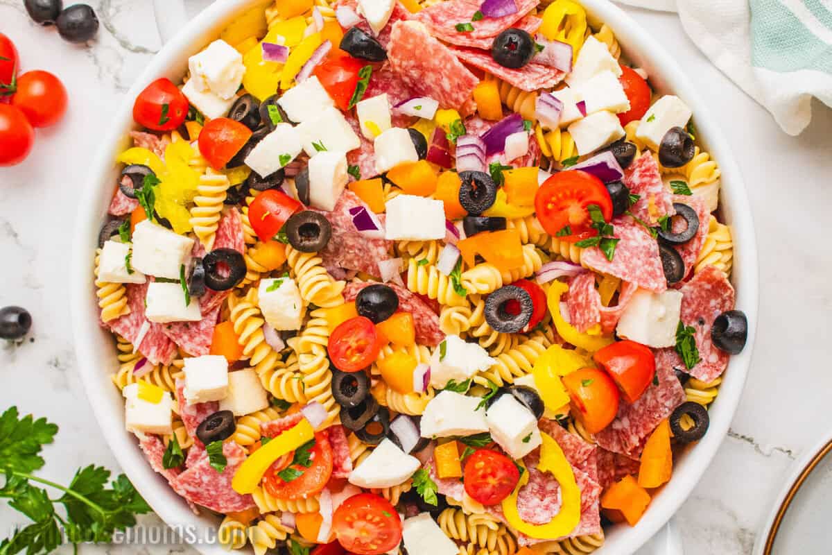 looking down at a bowl of italian pasta salad