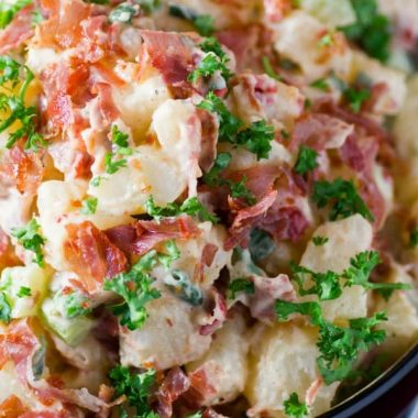 Not a bite will be left of ITALIAN PROSCIUTTO POTATO SALAD at your next BBQ, picnic or potluck!! The salty goodness of crispy prosciutto will have everyone coming back for seconds!