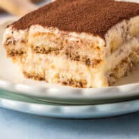 slice of tiramisu on a small plate with recipe name at the bottom