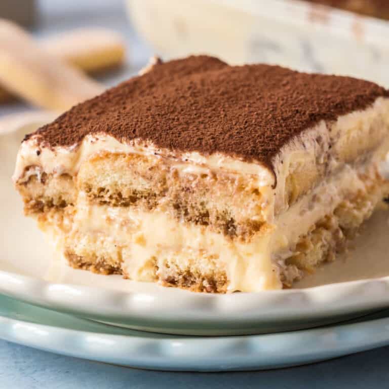 square image of a slice of tiramisu on a small plate