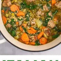 looking down into a pot of italian wedding soup with recipe name at the bottom