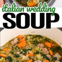 top image of a bowl of italian wedding soup with a spoon and crusty bread bottom image close up of italian wedding soup in the cooking pot. In the middle of the two images is the title of the post in blue and black lettering