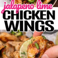 top is jalapeno lime chicken wings in a pan, bottom is one jalapeno lime chicken wing