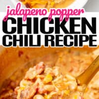 top image of jalapeno popper chicken chili topped with jalapeno slices and bacon in a bowl, bottom is a scoop of jalapeño popper chicken chili middle of the image there is the title of the recipe in pink and black lettering