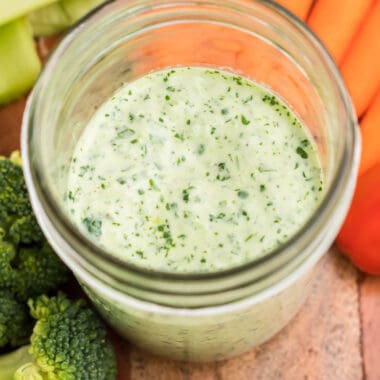 square image of jalapeno ranch dressing in a mason jar