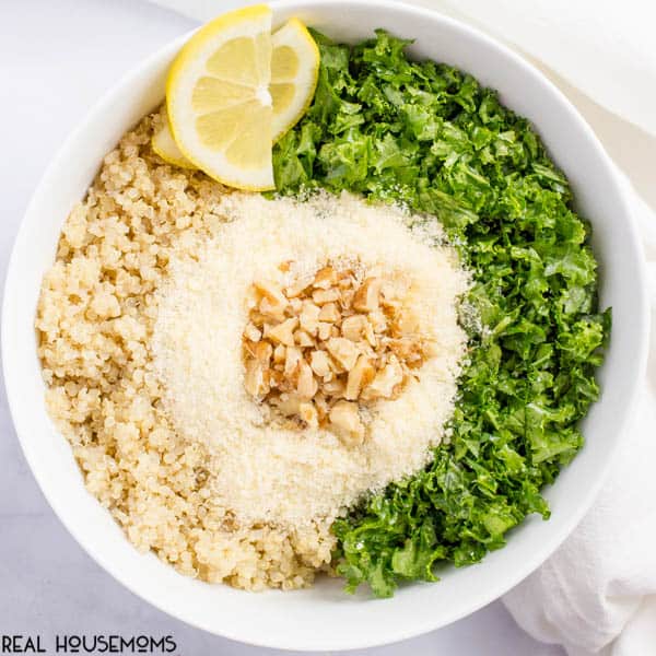 Kale quinoa salad with chopped walnuts, grated Parmesan cheese and a squeeze of lemon juice is a light, fresh and healthy side dish!