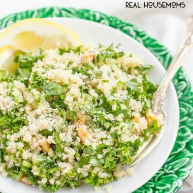 Kale Quinoa Salad with chopped walnuts, grated Parmesan cheese, and a squeeze of lemon juice is a light, fresh and healthy side!