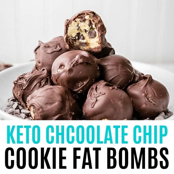square image of keto chocolate chip cookie fat bombs with text