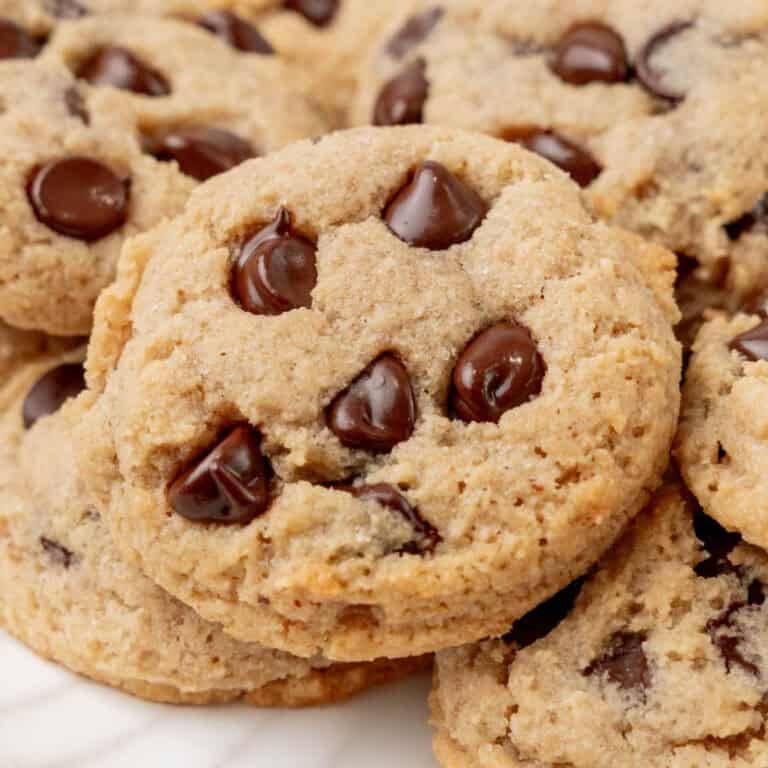 square close up image of keto chocolate chips cookies