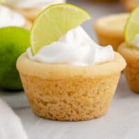 close up of a key lime pie cookie cup with recipe name at the bottom