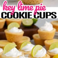top picture of a key lime pie cookie cup topped with whipped cream and half of a lime slice, bottom is a small gathering of cookie cups on a plate with one of them being bitten off on a stack of white plates. In the middle of the post is the title of the post in pink and black lettering