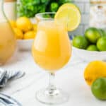 square image of key lime whipped lemonade in a cocktail glass with lemon and lime garnish