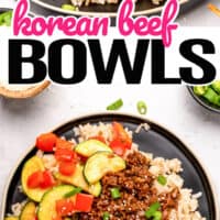 top picture is korean beef bowls on a plate, bottom picture is korean beef bowls on a dinner plate being served with chopsticks