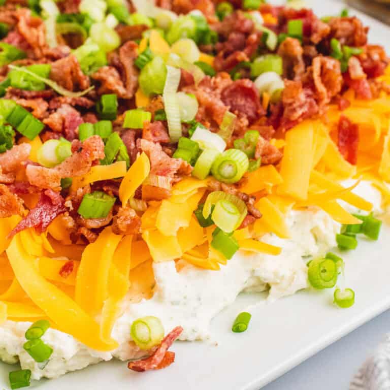 square image of side view of layered bacon ranch dip on a plate