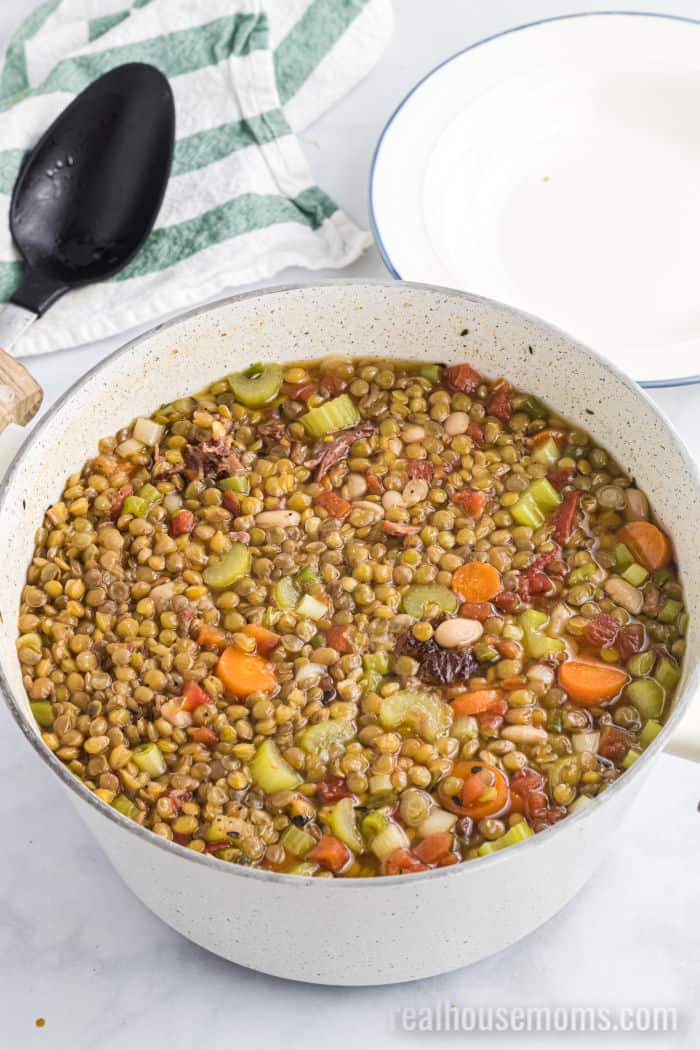 pot of leftover ham soup with lentils