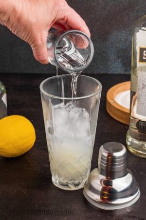 vodka being poured into a cocktail shaker with ice and lemon juice