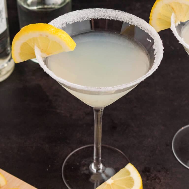 square angled view image of a lemon drop martini