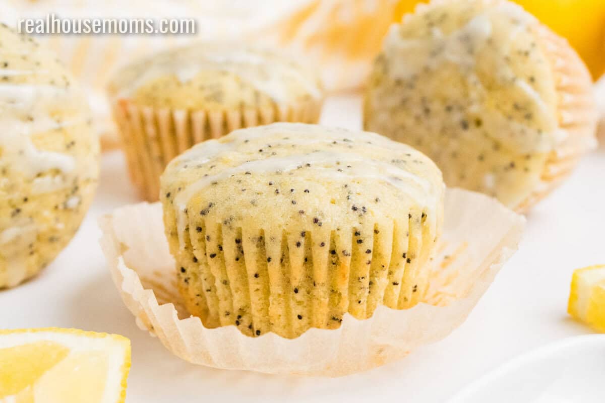 lemon poppy seed muffin with the cupcake liner peeled down
