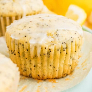 square image of a lemon poppy seed muffin with glaze that has had the wrapper removed