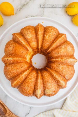 lemon pound cake turned out onto a platter after baking