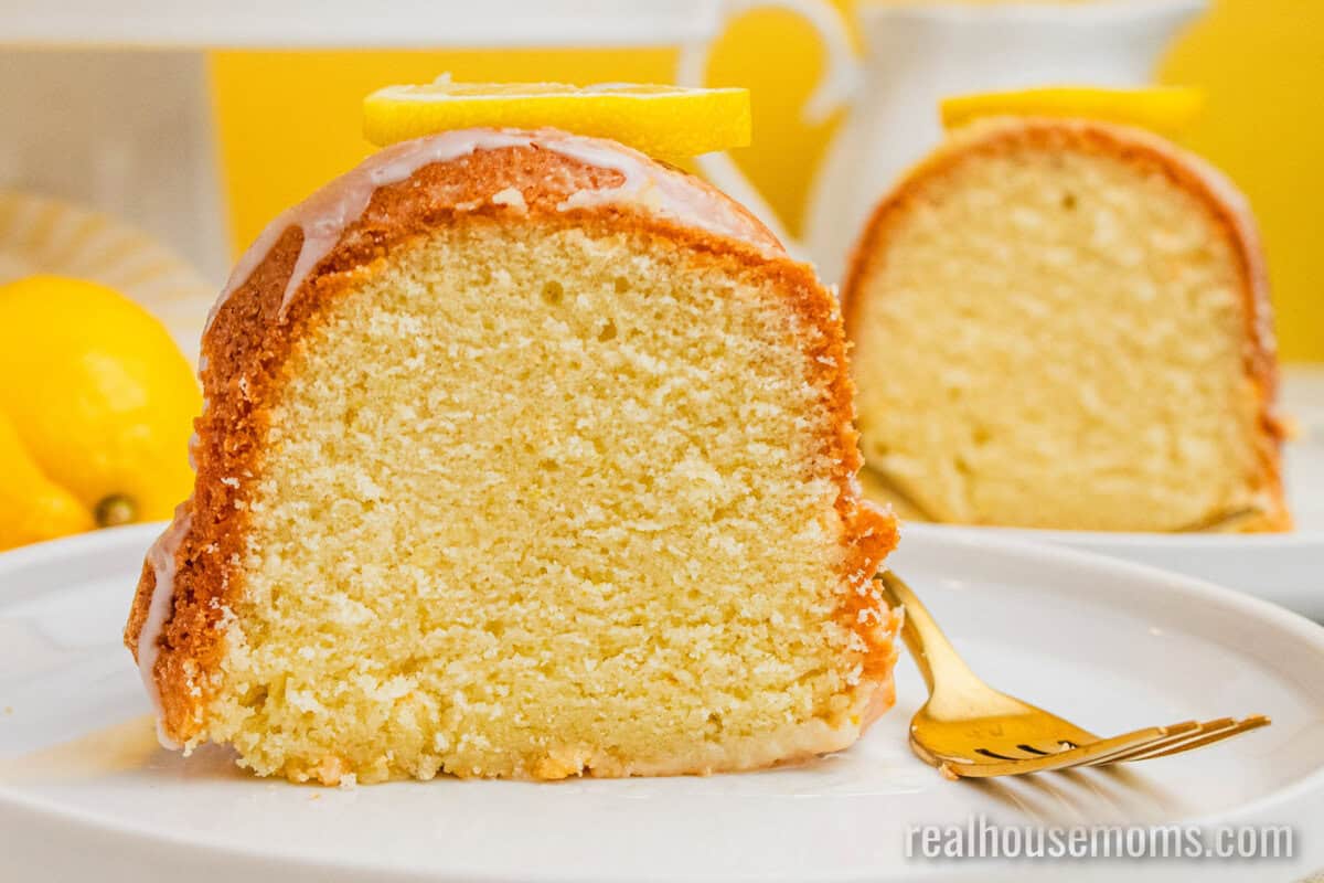 two slices of lemon pound cake on small plates