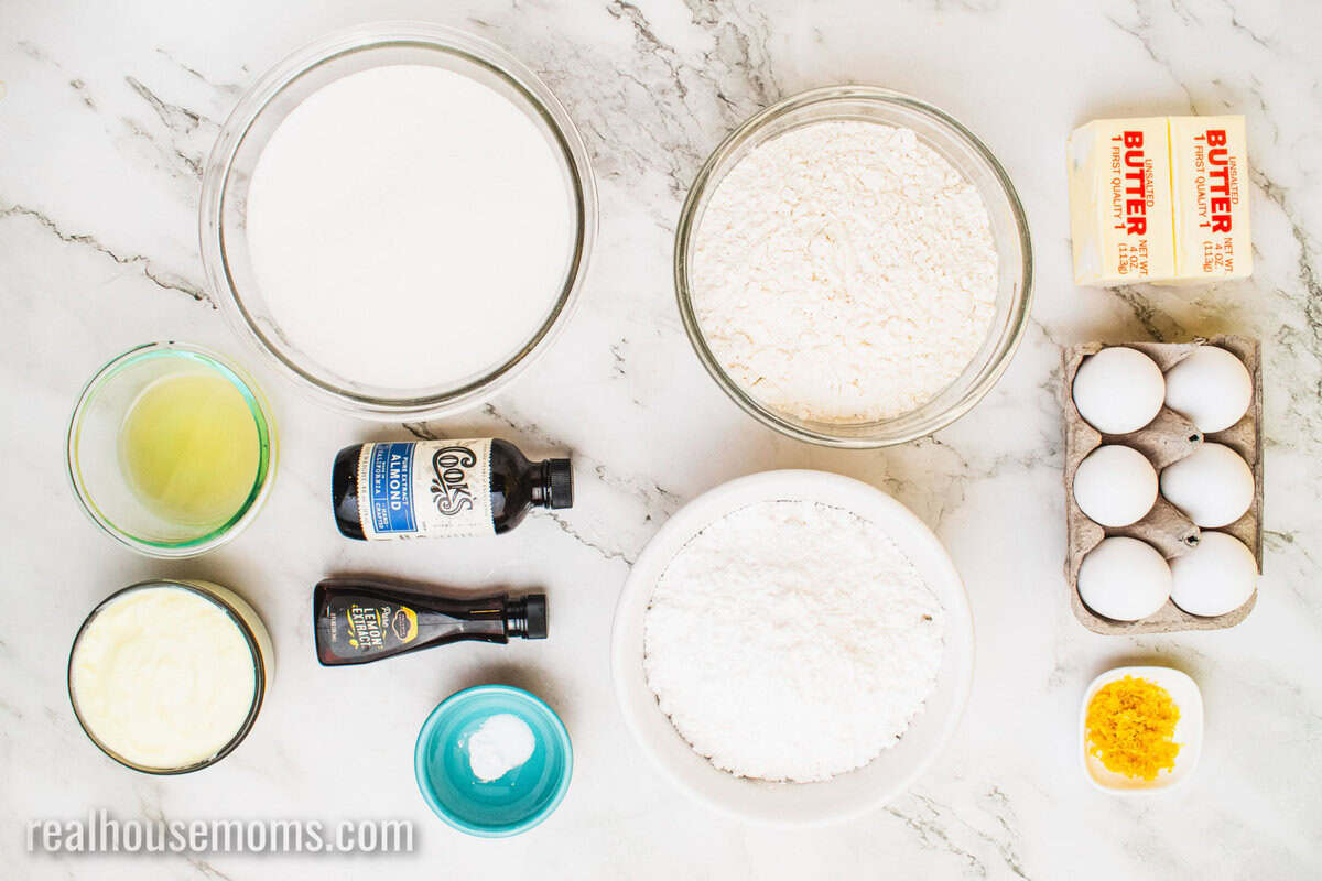 looking down at ingredients to make lemon pound cake laid out on a counter