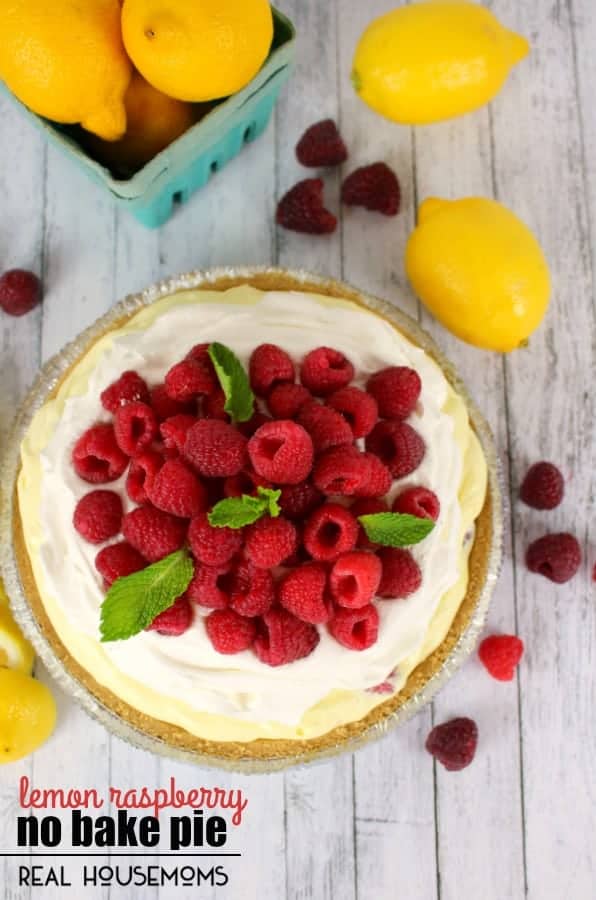 This LEMON RASPBERRY NO BAKE PIE is the perfect springtime dessert! Just as easy as it is delicious, this pie is great for Easter dinner, cookouts, or any get-together!