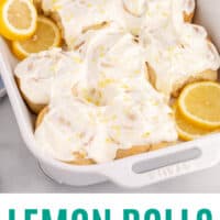 lemon rolls and lemon slices in a baking dish with recipe name at the bottom