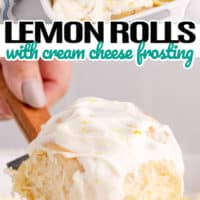 picture of lemon rolls in a baking dish with lemon slices, bottom is one lemon roll on a spatula with frosting on top. On the middle of the two images is the title of the post in black and blue lettering