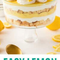 side view of a lemon trifle with recipe name at the bottom