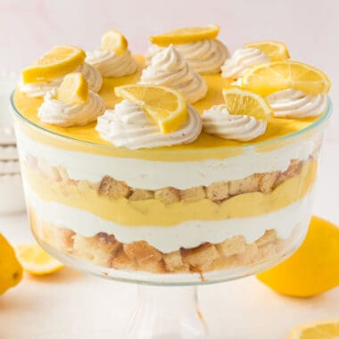 square image of lemon trifle in a trifle bowl