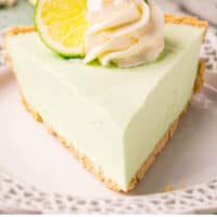 close up of a slice of Lime Jello Pie on a plate with recipe name at the bottom